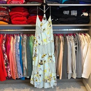 SB blue lace/yellow floral sleeveless v neck maxi side zipper lined dress size 6